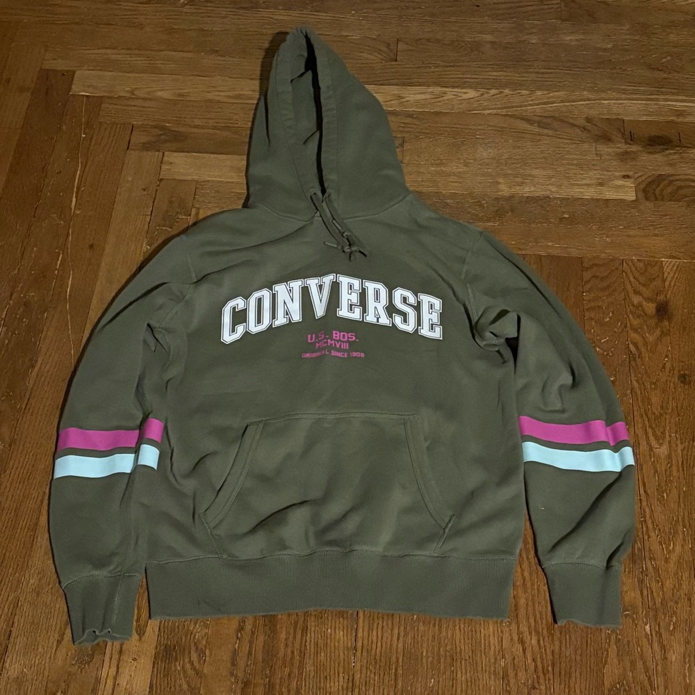 Converse Hoodie Men’s Size M Olive Green Logo Pullover Sweatshirt Retro Stripe‎